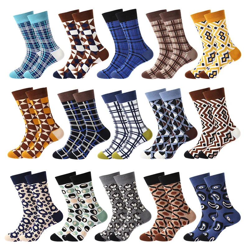 Four season trendy plaid casual simple men's and women's high-quality mid tube socks