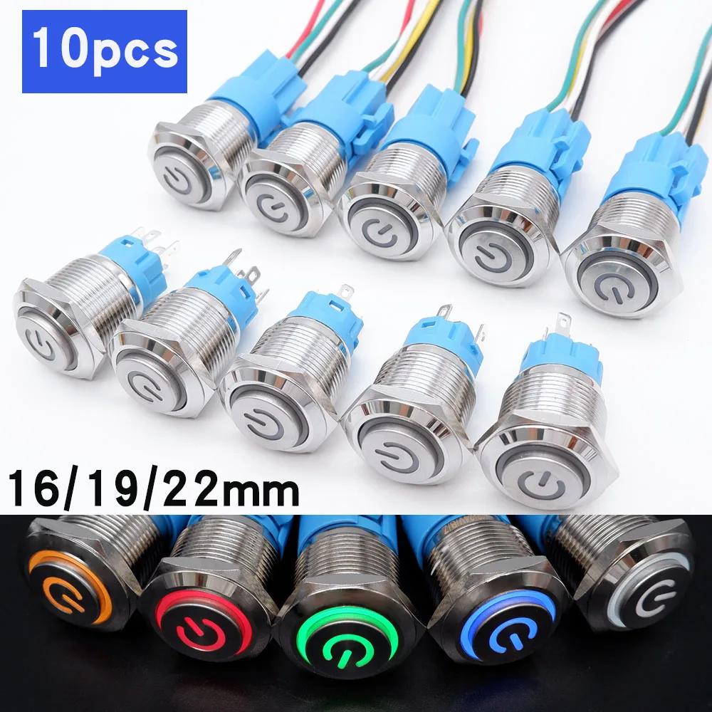 10 pcs Metal Push Button Switch 12v 16mm 19mm 22mm LED Light High Head Power Symbol Waterproof Momentary/Latching 5v 220v Red