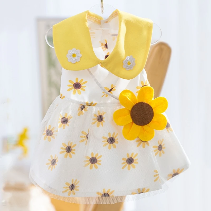 Dog Sunflower Dress Summer Dog Clothes Luxury Dog Skirt Pet Dog Apparel Bow Lace Dresses Chihuahua Bichon Kitten Puppy Clothing