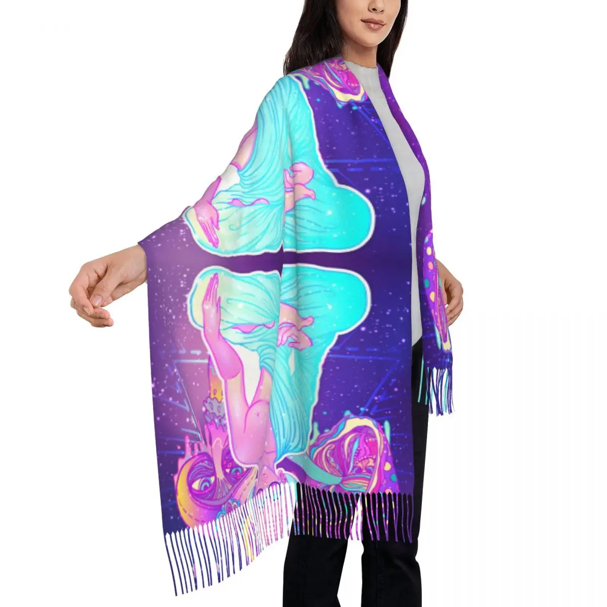 Personalized Printed Colorful Buddha In Rainbow Glass  Psychedelic Mushrooms Long Pile Fringe Men Scarf Women'S Anti Chill Scarf