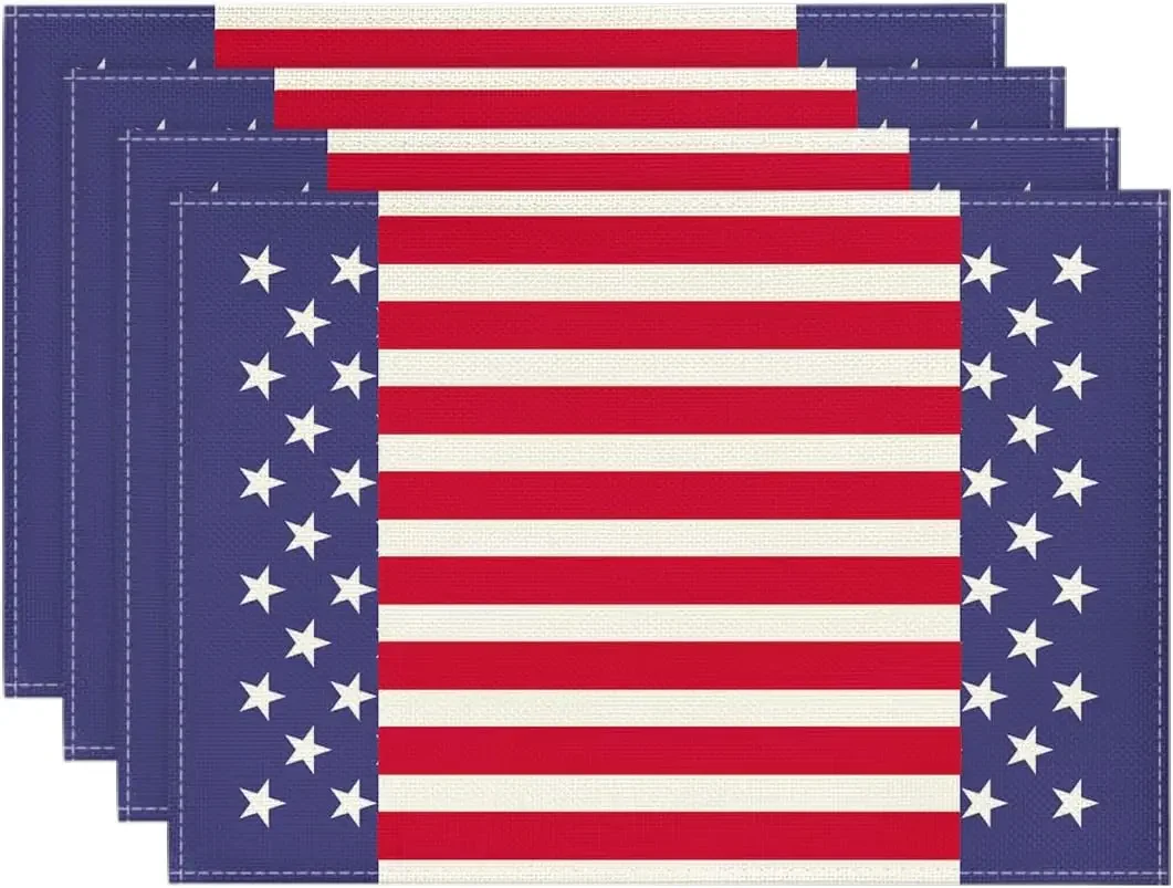 Watercolor Stripes and Stars 4th of July Placemats Set of 4, 12 x 18 Inch Patriotic Memorial Day Seasonal Holiday Table Mats