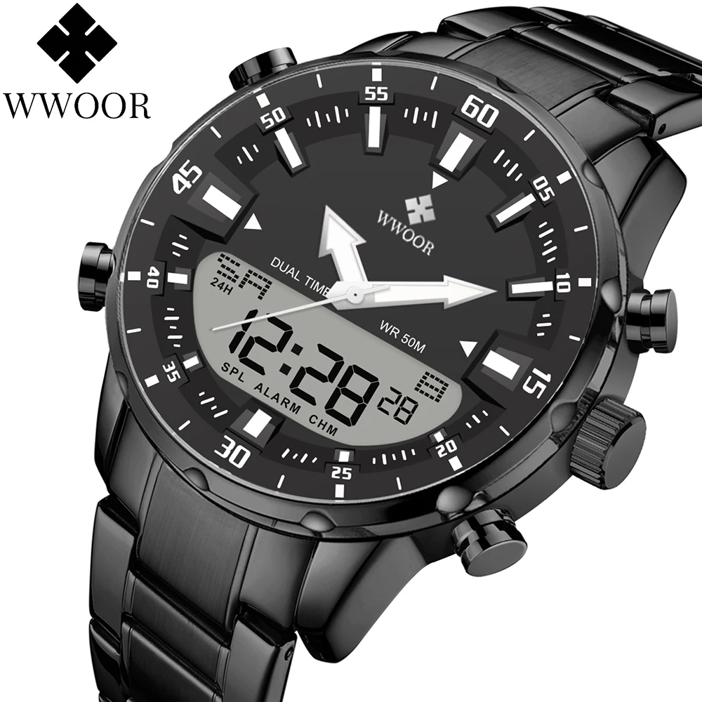 WWOOR New Sport Watch For Men Dual Display LED Quartz Wristwatch Full Steel Luxury Watch Men Clock Chronograph Relogio Masculino