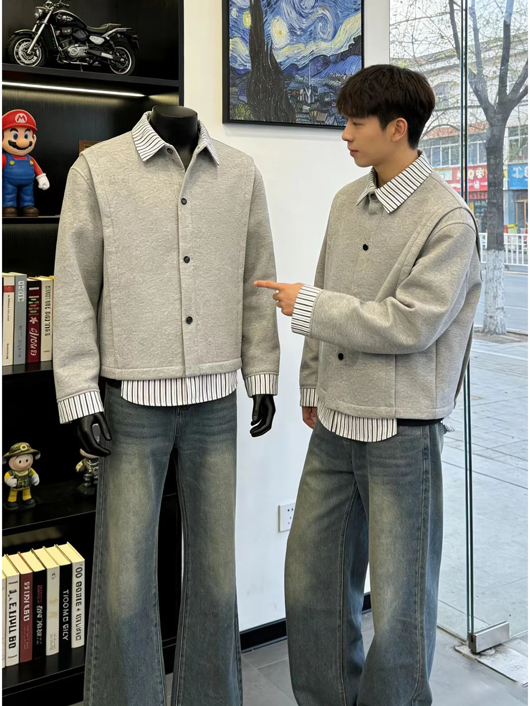 

Cleanfit Plaid ort Sve irt Men's Casual Sle Patchwork Stripe Pattern Fake Two-Piece Spring Autumn Floral ey irt