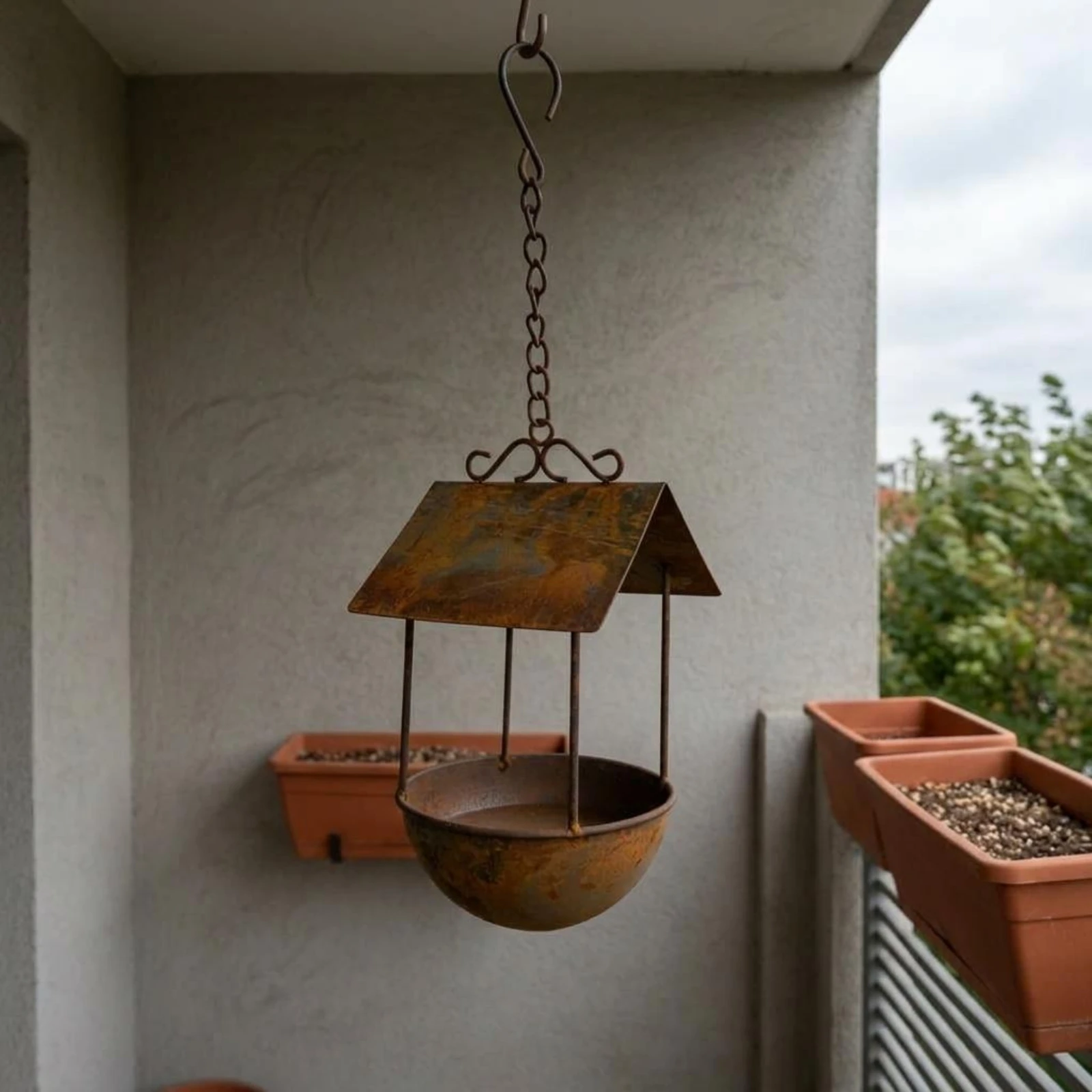 rusted-iron-bird-feeder-weathered-finish-metal-bird-feeder-garden-decor-rustic-look-sloped-roof-for-yard