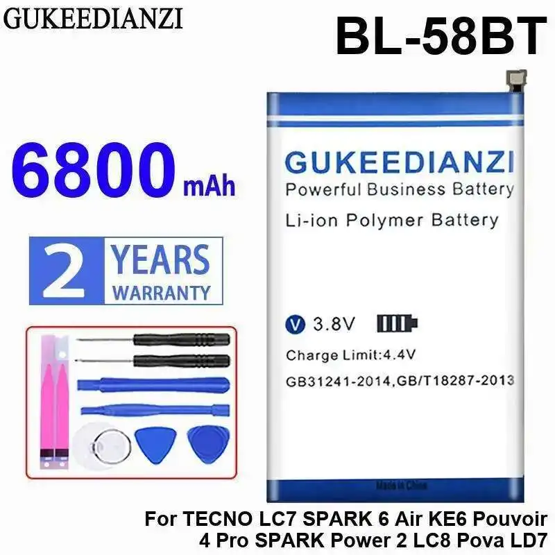 

Стабильный и легкий аккумулятор для мобильного телефона 6800 мАч BL-58BT для Tecno LC7 Spark 6 Air KE6 Pouvoir 4 Pro Power 2 LC8 Pova LD7