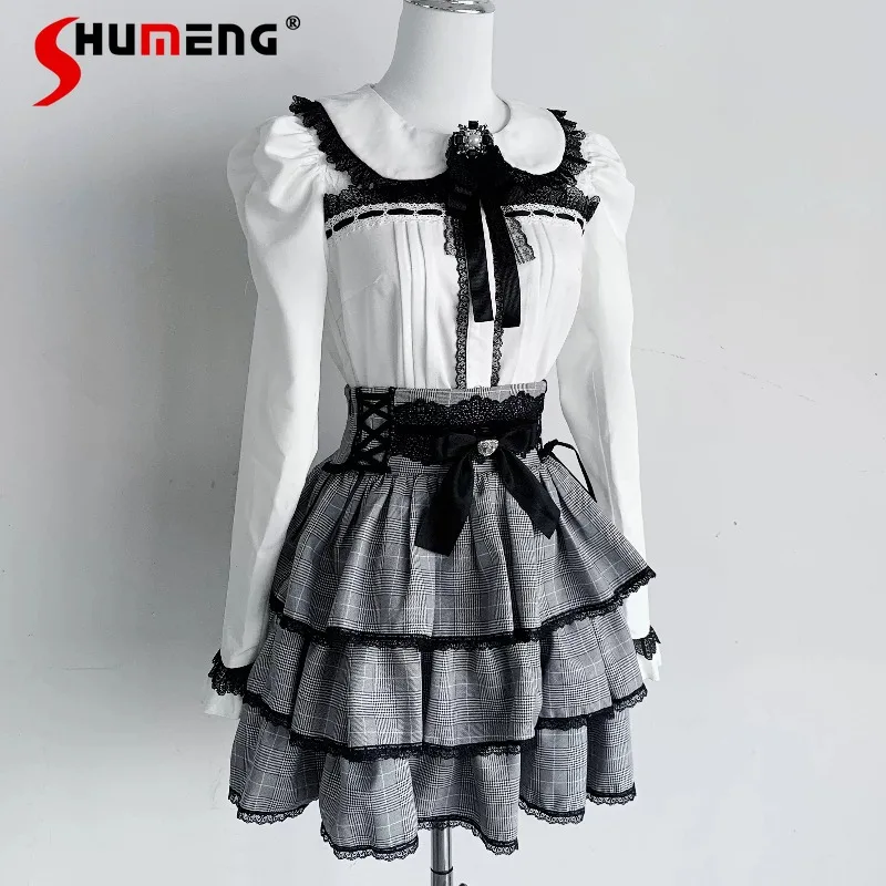 

Harajuku Japanese Cute Stylish Blouse And Fluffy Skirt Two Piece Set Soft Girl Aesthetic Casual Daily Leisure Matching Outfit