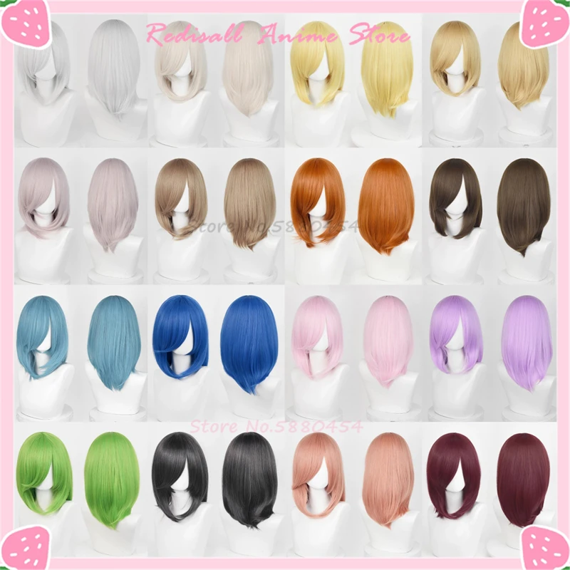 40cm Long Straight Wig Multi-color Cosplay Hair Basic Bang Red Blue Pink Brown Purple Black White Green Blonde Gray Headwear