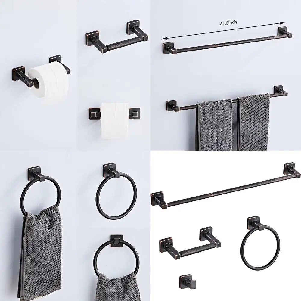 4-Piece Oil Rubbed Bronze Bathroom Hardware Set with Stainless Steel Wall Mounts: Hand Towel Bar, Towel Ring, Robe Hooks, and To
