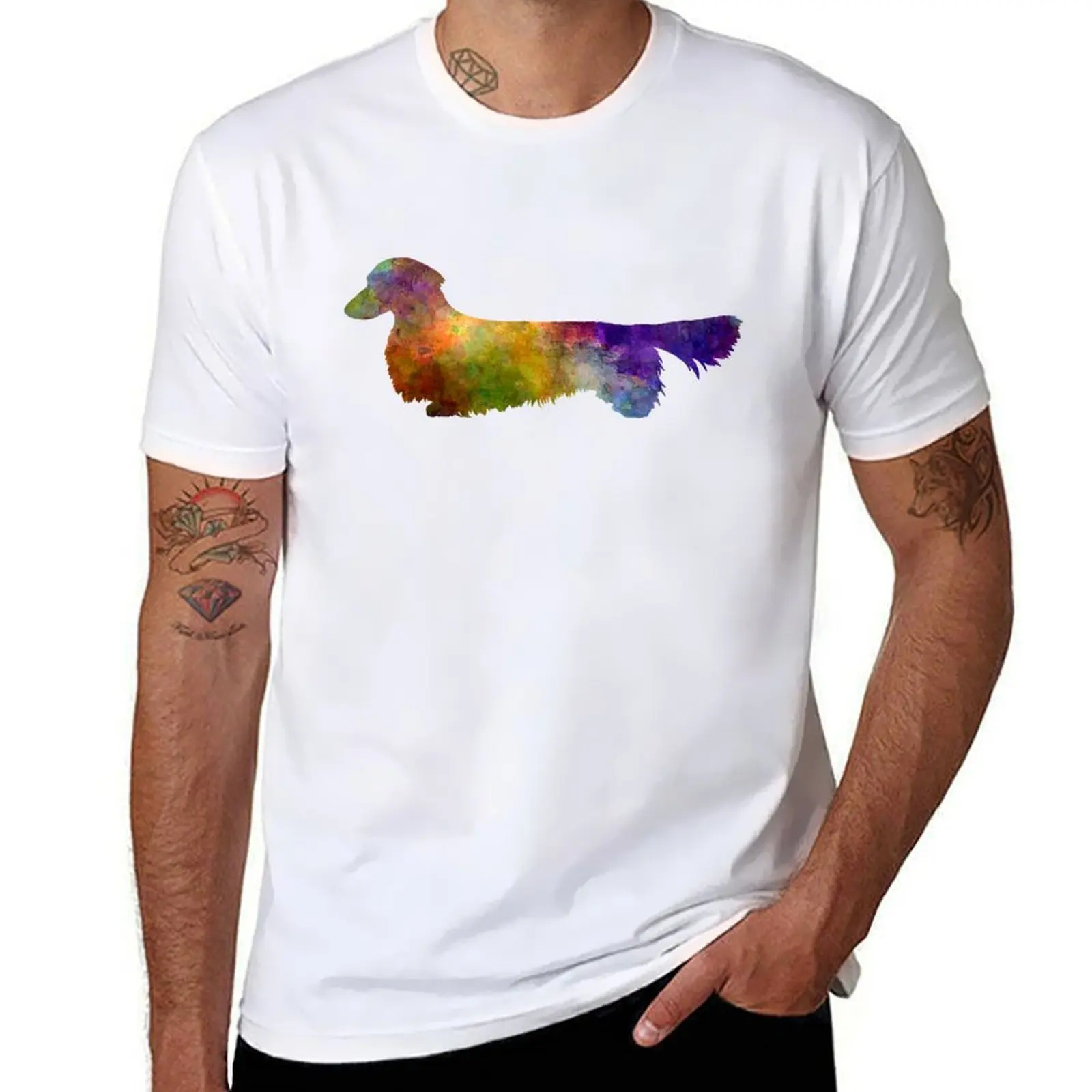 watercolor in Dachshund Long Haired T-Shirt Casual Soft Cotton Short Sleeve Tee