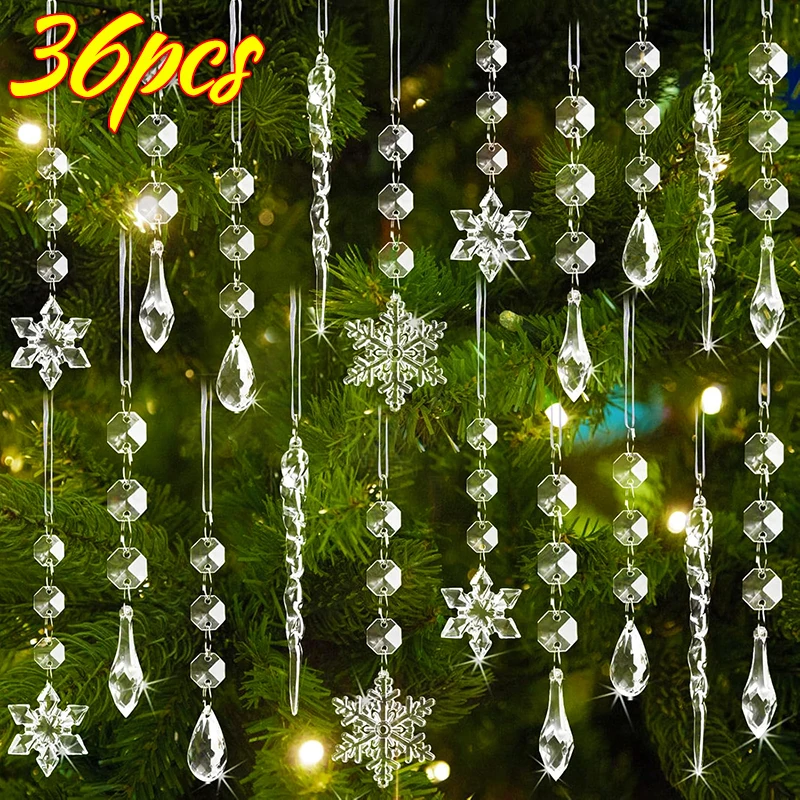 36-5Pcs Crystal Snowflake Icicle Transparent Christmas Ornaments Xmas Tree Hanging Pendants Holiday New Year Party Decorations