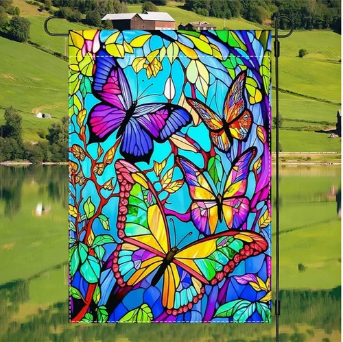 Colorful Butterfly Garden Flag-Stained Glass Style-High Quality Burlap-12x18in YYZ