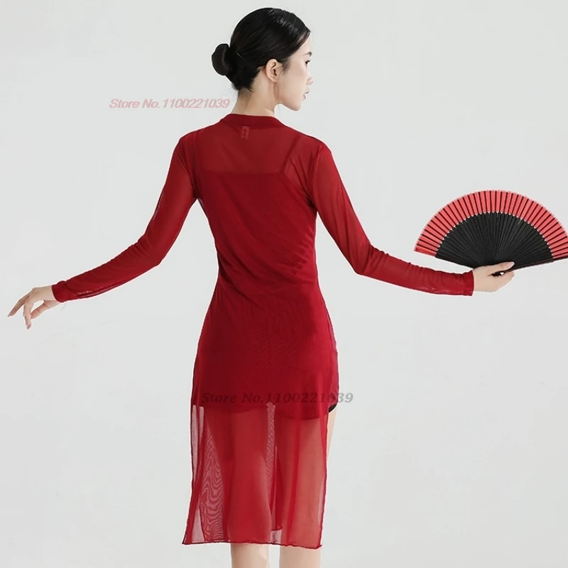 Chiński strój taneczny vintage z 2025 roku, tradycyjny qipao, sukienka cheongsam z siateczki + zestaw szortów, występ sceniczny, ludowy taniec, sukienka qipao