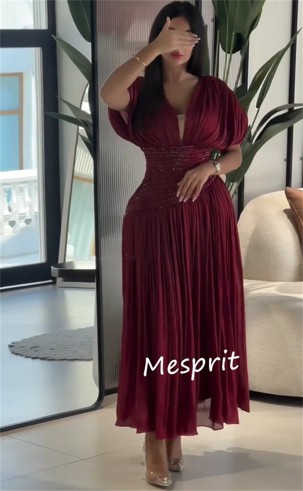 Vestidos Midi personalizados de gasa con pliegues y lentejuelas, corte en A, cuello en V, vestidos para ocasiones a medida, intrincados, sexys y sencillos