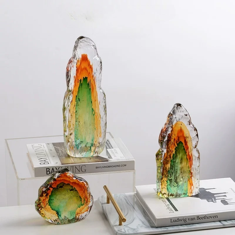 Glass Mountain Sculpture Ornament Handmade Gradient Liuli Mountain Decor Desktop Art for Living Room Entrance Home Decoration
