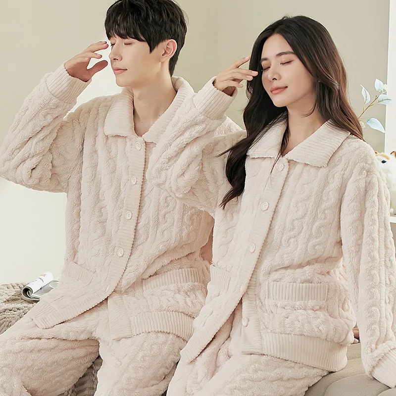 Cute Cartoon Couple Pajamas Sets Autumn Winter Sleepwear Plus Velvet Coral Fleece Thick Warm Suit Solid Color Female Homewear