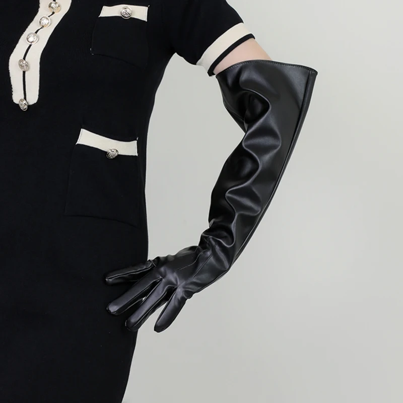 

50cm Long Gloves Wide Cuff Lantern Sleeve Simulation Leather Three Bars White Black Woman Patent Leather Pu Gloves