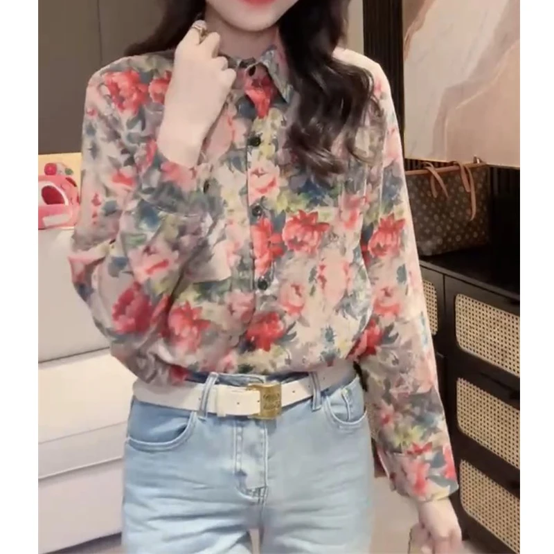 Women Clothing Stylish Vintage Floral Print Button Up Shirt Casual Chic Lapel Blouse Spring Autumn Long Sleeve Loose Tops Blusas