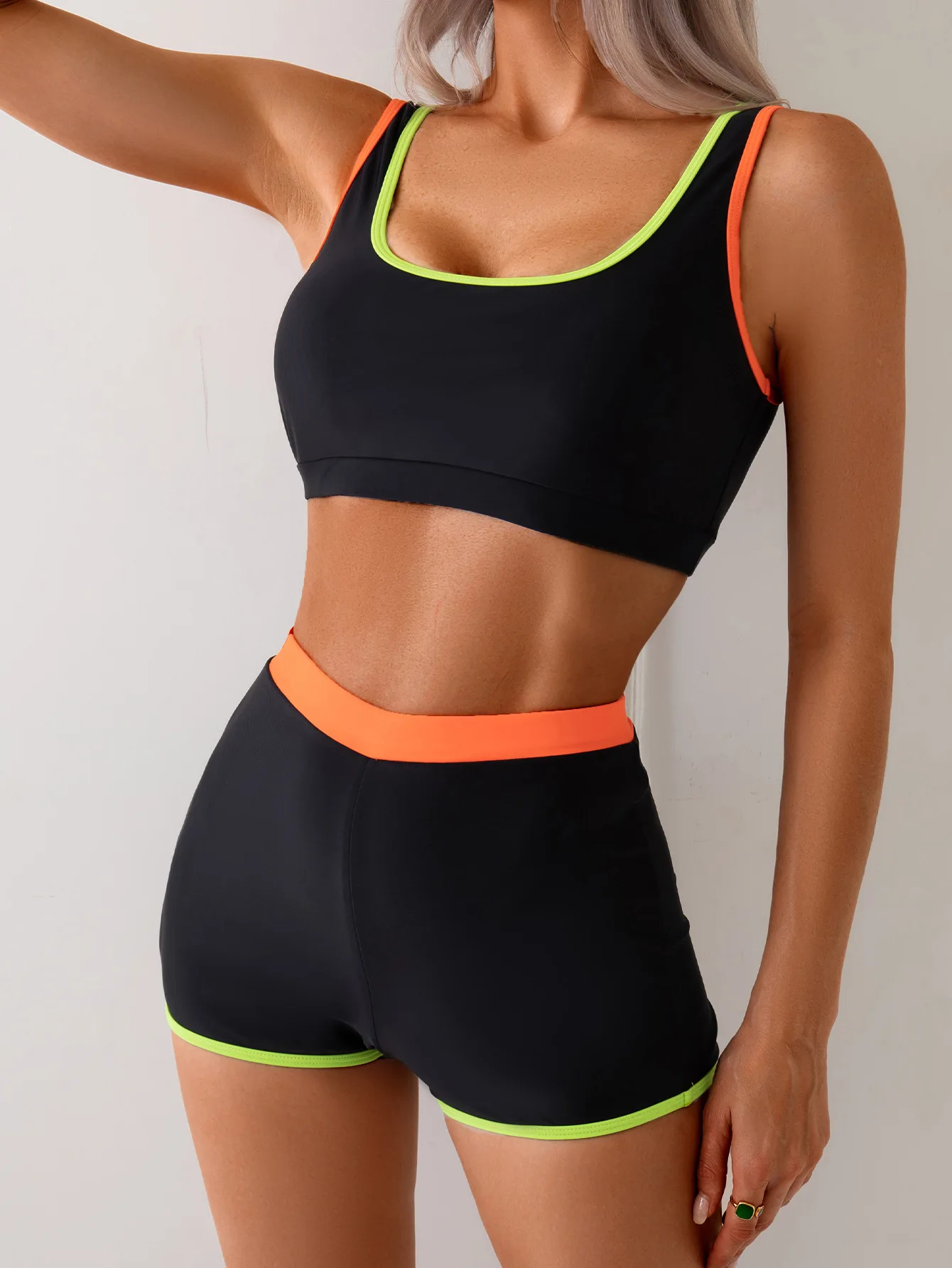 

2026 Women Solid Color Block Tank Top Boyleg Two Piece Bikini Set Push Up Tummy Control Swimwear Beach Vacation Shorts Swimsuit