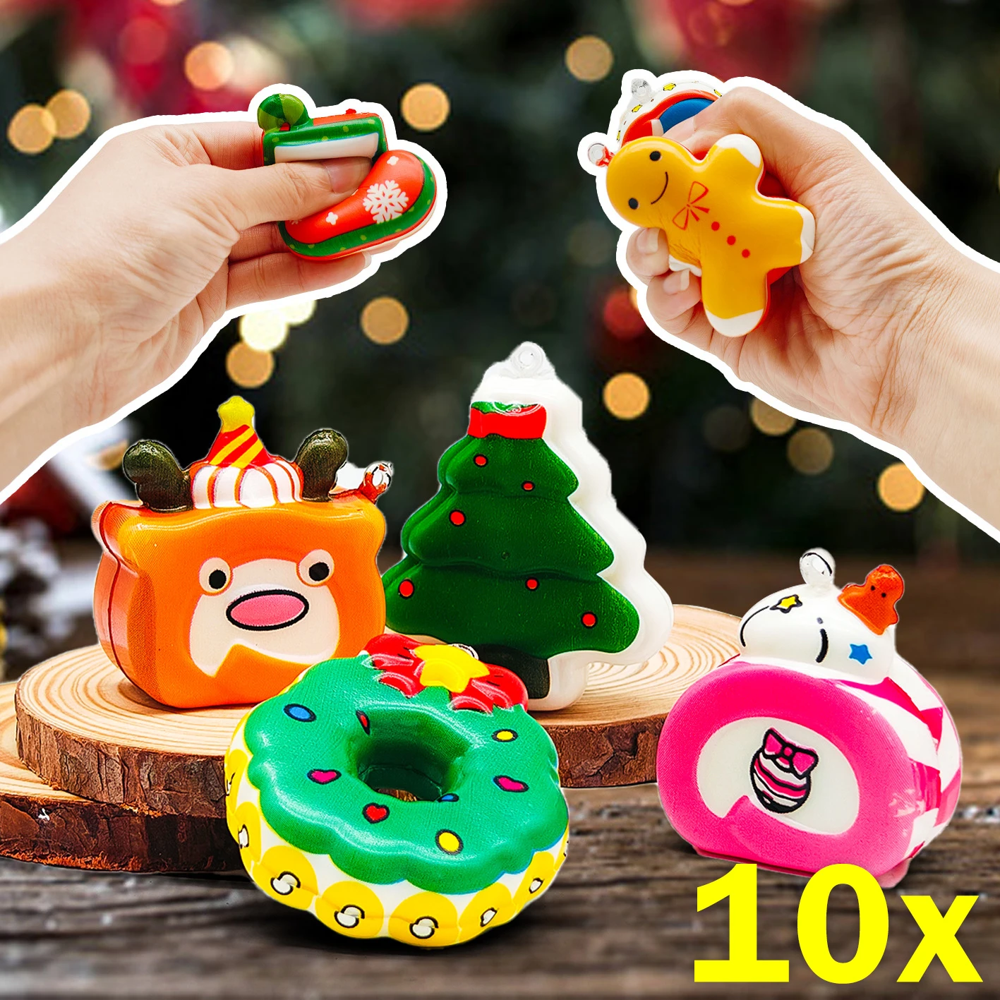 10pcs Christmas PU Slow Rebound Squishy Finger Pinch Toys Children's Blind Box Decompression Toy Backpack Keychain Pendant Pinch