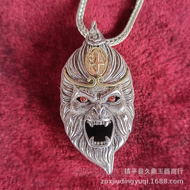 

Antique Wholesale Miao Silver Double-Sided Buddha Monkey King Pendant Wholesale Miao Silver Mosaic Jade Gilding Wukong Pendant