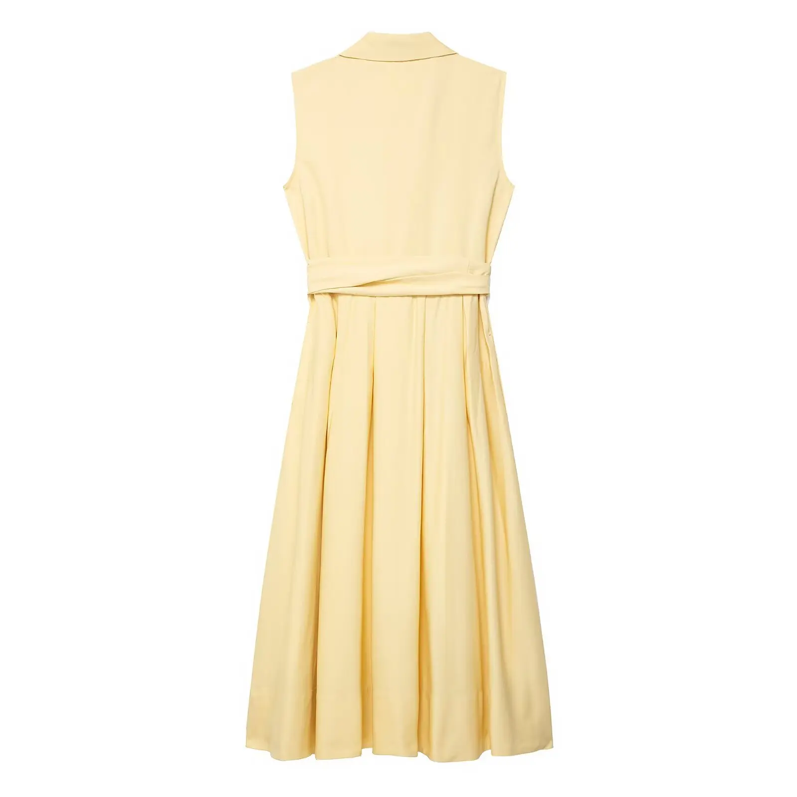 Elegante abito camicia gialla senza maniche da donna con bottoni risvolto gonna lunga a pieghe con lacci 2025 abito da pendolare da donna alla moda estiva