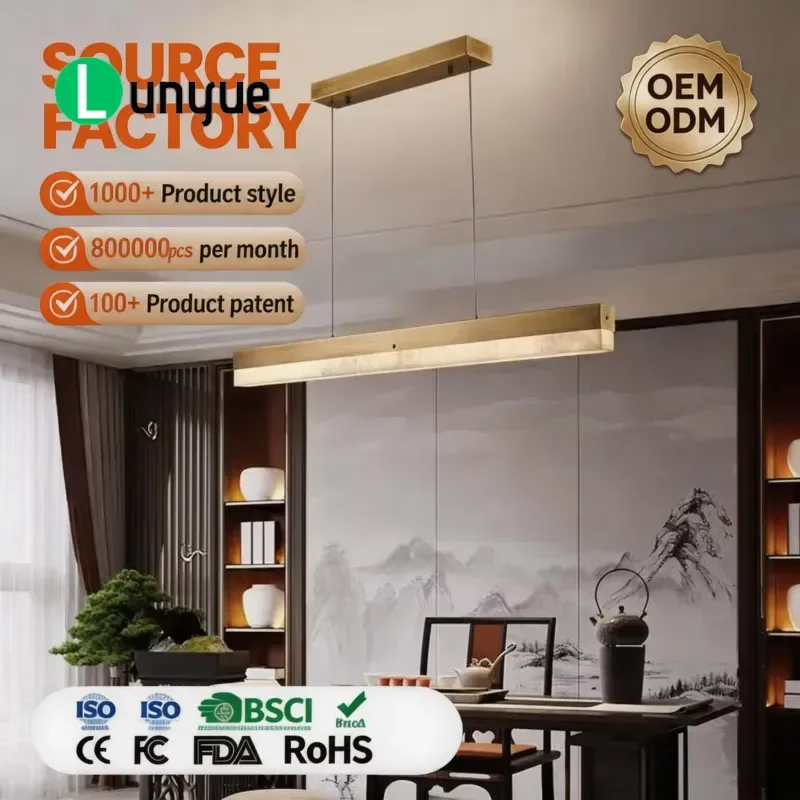 Luxury Modern Rectangular Copper Frame Marble LED Chandelier Dimmable Ceiling Light for Villa Living Room High End Decor