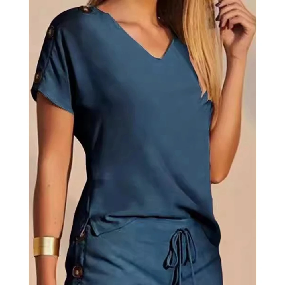 Women Buttoned Short Sleeve V-Neck Top & Drawstring Shorts Sets Women 2 Pieces Casual Two Pieces Set Summer Outfits Clothing