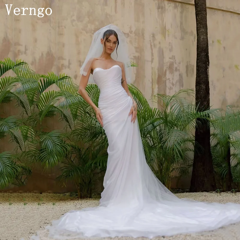 

Verngo Simple Tulle Wedding Dress Strapless Mermaid Bridal Gowns Sweap Train Modern Prom Bride Dresses Customized