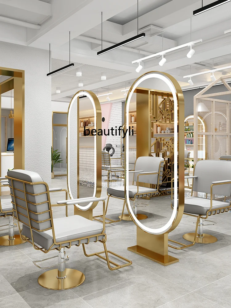 Barber Shop Dressing Table for Hair Salon Hair Salon Double Mirror Single-Sided Floor with LED Mirror