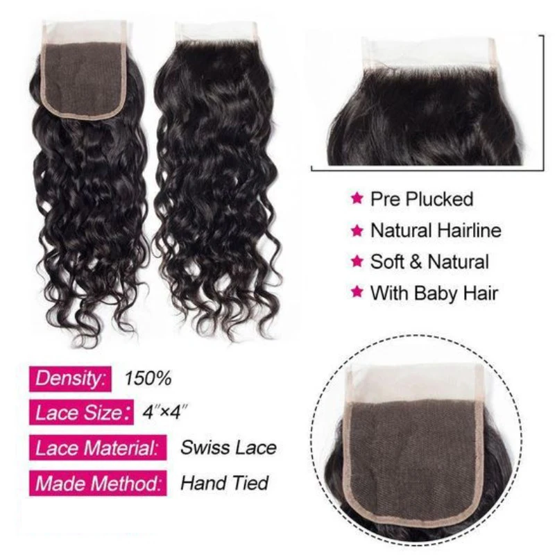 ウォーターウェーブ人毛 4x4 レース閉鎖事前摘み取り 150% 密度フルエンドナチュラルカラーブラジルバージンヘア 10-20 インチ