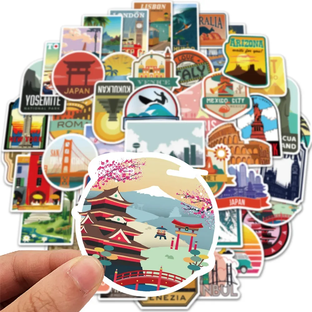 50PCS Cartoon World Tourism Scenery Anime Stickers Pack Laptop Phone Motorcycle Car Waterproof Sticker Classic Toy Gift