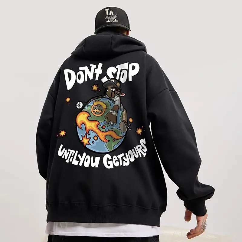 

American Street Hip-hop Street High Street Printed Hooded Sweater Men's Autumn and Winter Solid Color Loose Hooded