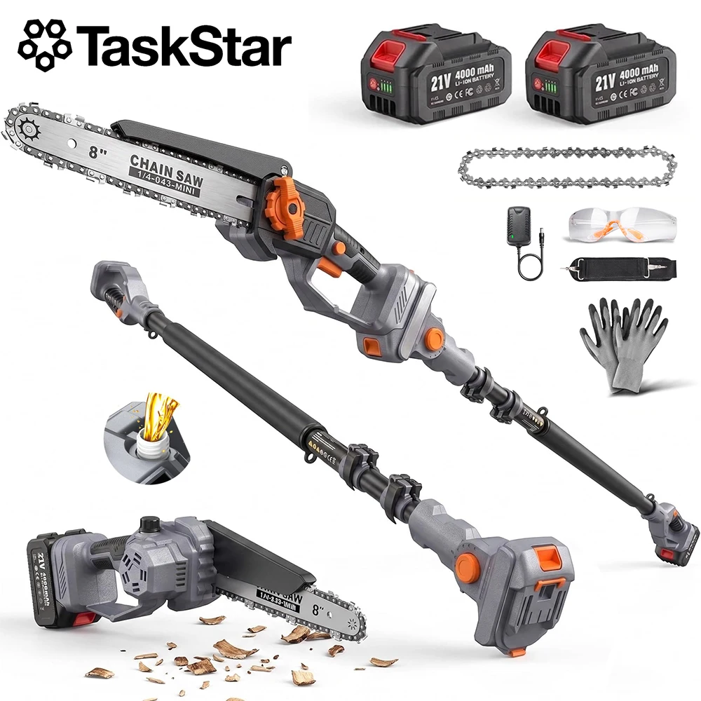 TaskStar 8 Zoll bürstenlose Hochastsäge mit 15 Fuß verstellbarer Verlängerungsstange, kabellose Stangensäge, 2*4,0Ah Akku, wiederaufladbare automatisch ölende Kettensäge für Baumtrimmungen
