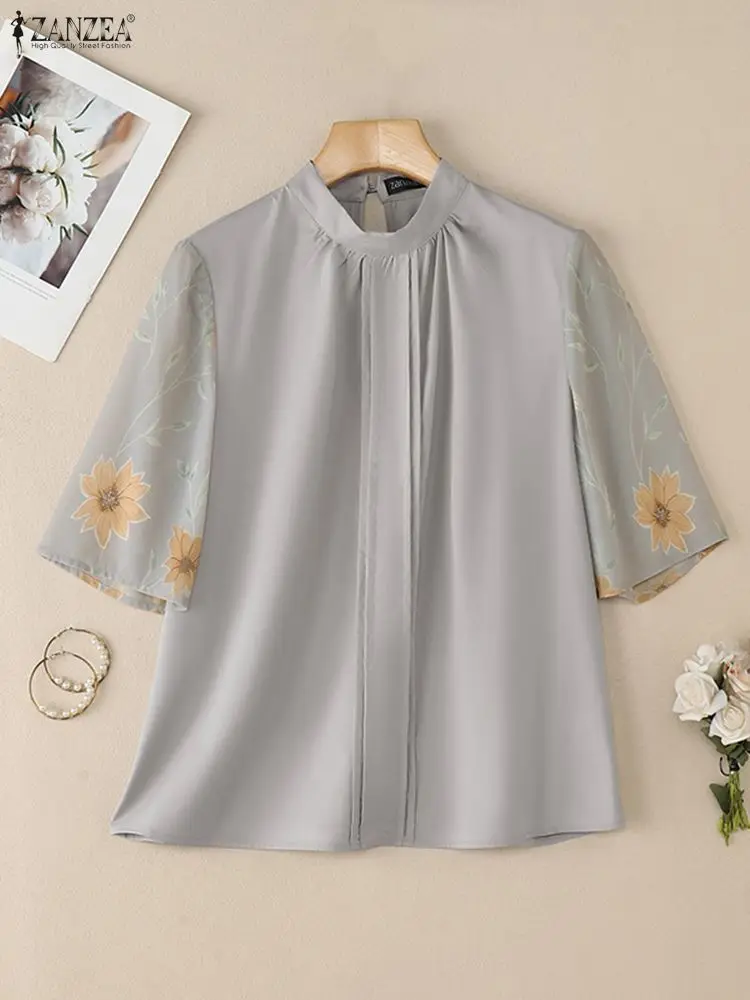 Elegant Office Women Blouse ZANZEA Summer Shirt Woman Stand Neck Short Sleeve Tunic Tops Stylish Floral Print Blusas Mujer Femme