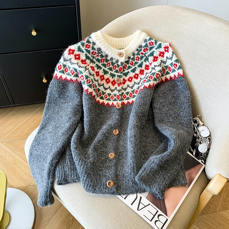 

Vintage Loose Knit Cardigan Women Casual Lazy Wind Sweet Jacquard Button Sweater Long Sleeve Soft Cute Print Preppy Baggy Tops