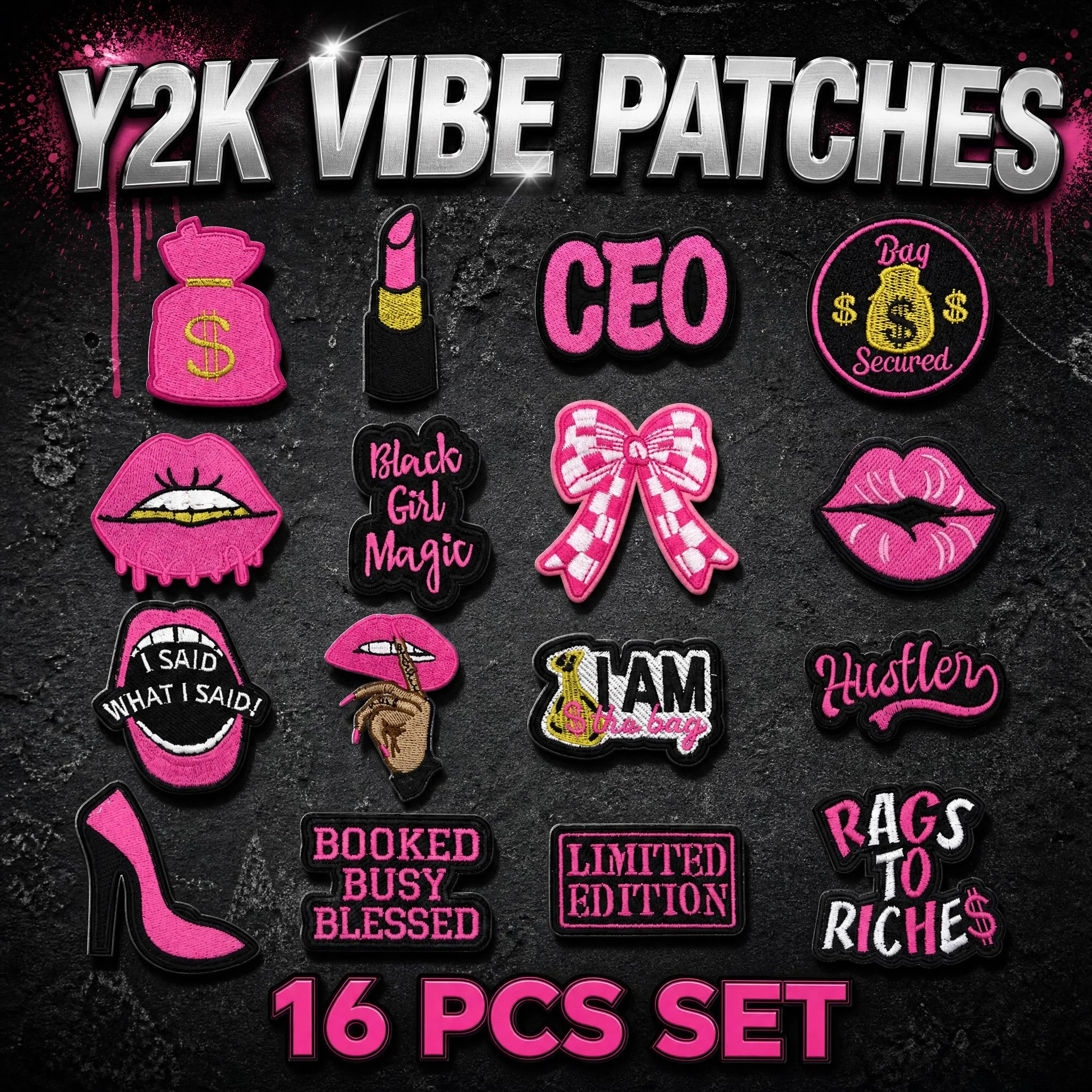 Sweet And Cool Black Pink Embroidery Iron-On Patch Set DIY Clothing Repair Decorative Stickers for Fashion Accessories