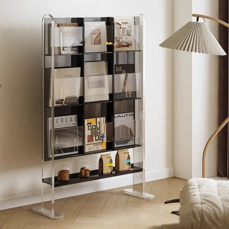

Acrylic floor-to-ceiling transparent bookshelf, living room shelf, newspaper storage, light luxury magazine rack