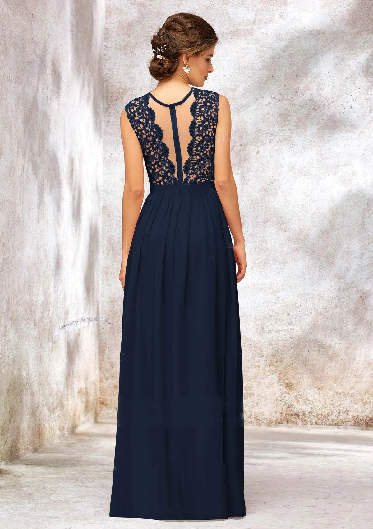 BABYONLINE Navy Blue Mother of Bride Women Delicate Lace Overlays the Upper Body Applique Zipper Modify the Back Chiffon Gown