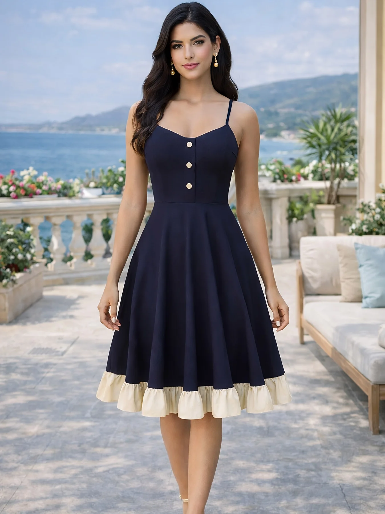 Elegantes, schmales, ärmelloses Sommer-Midikleid für Damen, A-Linie, einfarbig, hohe Taille, Knopfdetail, Rüschensaum, lässiges Partykleid