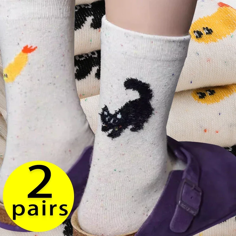 Cotton Small Cat Fish Socks Women Cold Resistant Warm Middle Tube Sock Spring Winter Walking Shopping Breathable Plush Hosiery