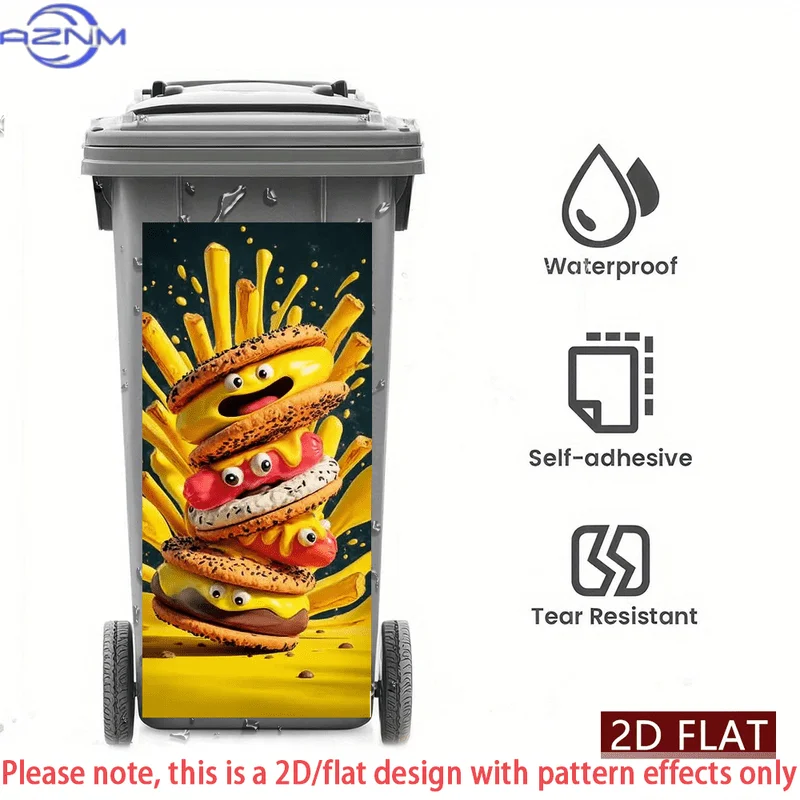 Self-Adhesive PVC Decorative Sticker Featuring a 2D Flat Design of a Cartoon Burger And Fries, Perfect for Use on Trash Cans.