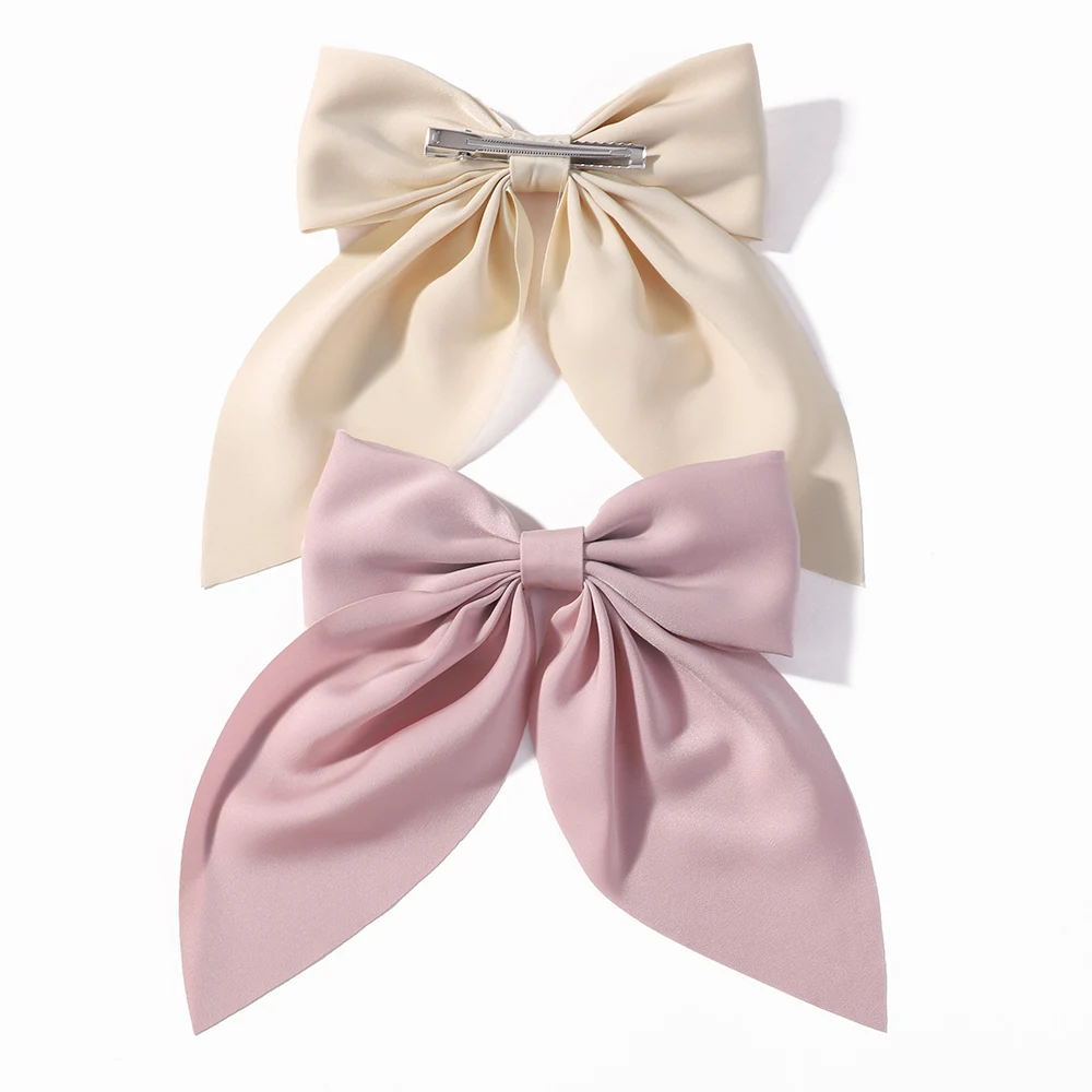 Elegant Bow Ribbon Hair Clip Fashion Simple Solid Satin Spring Clip Hair Pin Retro Headband with Clips Girls Hair Accessories