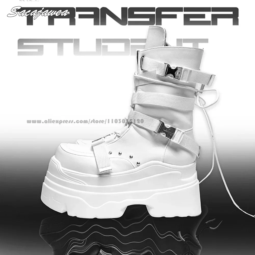 Gothic Punk Style Side Zipper Chunky Heel Motorcycle Boots Round Toe Platform Size 35-40 Lady Boots Solid 9CM Heel Mid Claf Boot