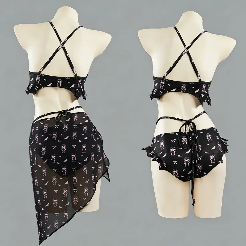 Dark Gothic Halter Neck Bikini Swimsuit, Alternative Subculture Sweet Cool Unique Indie Design Cosplay Outfit For Beach Party view 2