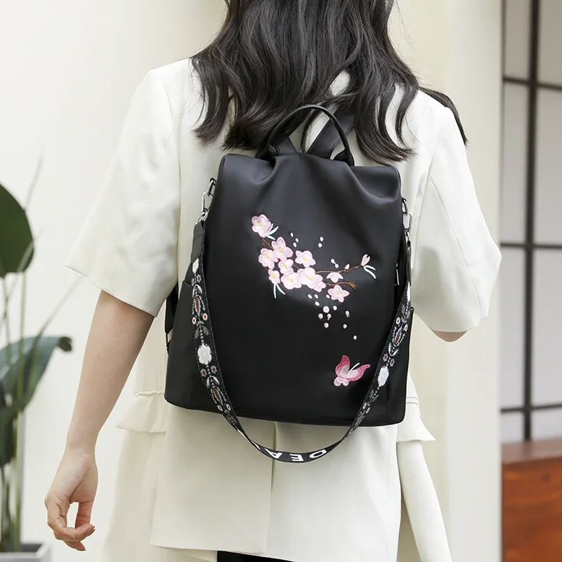 Oxford Solid Color Zipper Women\'s Backpack 2024 New Embroidered Chinese Style Casual Large Capacity Student School Bag Mochila