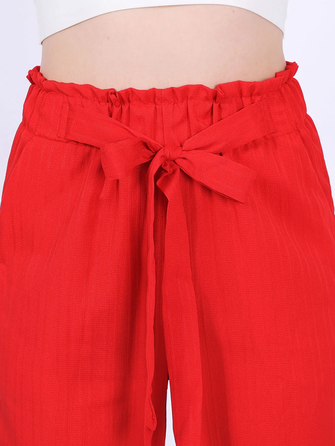 Fashion Lace-up Red Wide Leg Pants Casual Loose Elastic High Waist Cotton-linen Long Pants For Women Trouser Streetwear