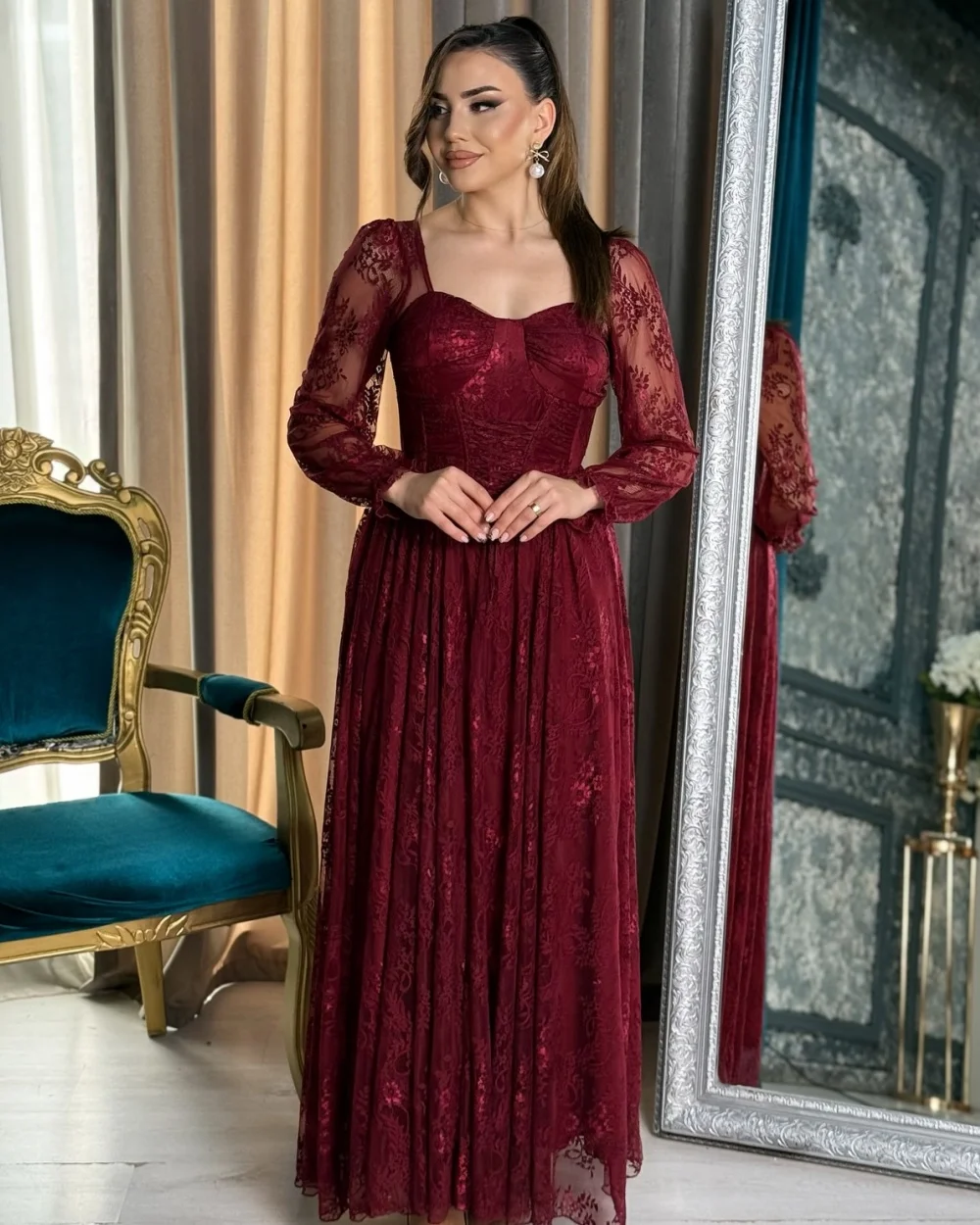 

Customized High Quality Fashion Lace Ruched Pleat Modern Style High Collar Long Dresses Bespoke Occasion Dresses Sizes Available