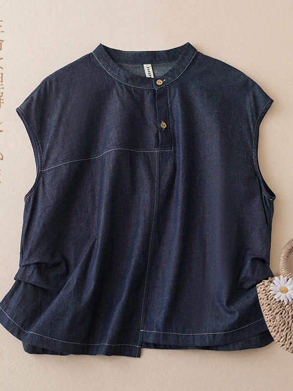 

Retro Style Salted Jeans Shirt Loose Fit Fashion Pleated Slimming Women's Casual Long Sleeve round Neck Top by Meimei