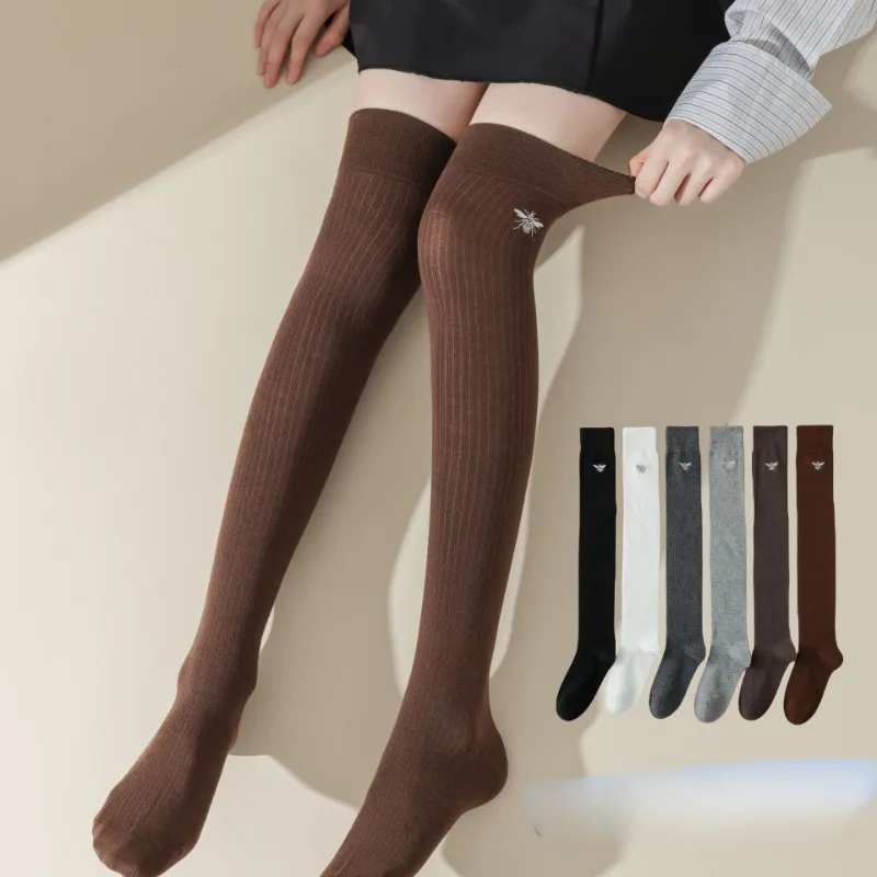 Grey Embroidery Women Stockings JK Girls Cotton Long Socks Thigh High Stockings Black White Knee High Socks Japanese Styles 2024