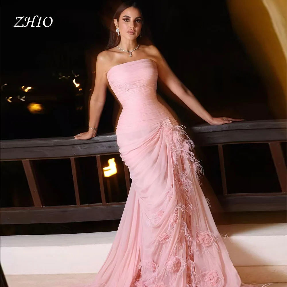 ชุดราตรีหรูหรา ZHIO ประดับขนนก สายเดี่ยว ทรงเอไลน์ ชายกระโปรงยาวแบบลากพื้น สำหรับงานพิเศษ งานเลี้ยง งานพรอม  สามารถสั่งตัดได้